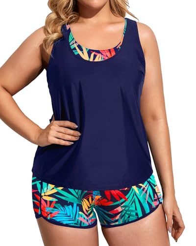 Image of Holipick Women Plus Size Swimsuits - Athletic 3 Piece Tankini with Shorts