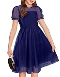 Picture of Arshiner Kid Dresses High Waist Elastic Sheer Mesh Sleeve Crew Neck Knee Length Summer Cute Fancy Dresses Navy Blue 7-8Year