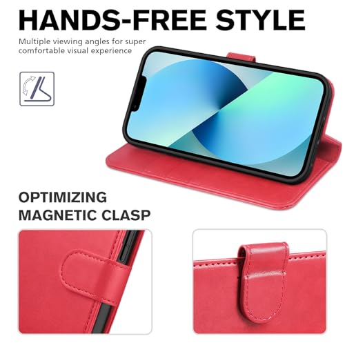 Image of TUCCH Wallet Case for iPhone 13 (6.1 inch) 2021, 3 Card Slots, Red | RFID Blocking, Viewing Stand, Shockproof TPU Shell, PU Leather, Magnetic Closure, Protective Folio Flip Cover