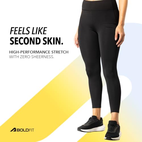 Image of Boldfit Mid-Rise Ankle-Length Gym Leggings for Women - Breathable, Stretchy Polyster Yoga Pants, Sweat-Wicking, Non-See-Through Activewear, Workout Tights Jeggings with Pockets-Black