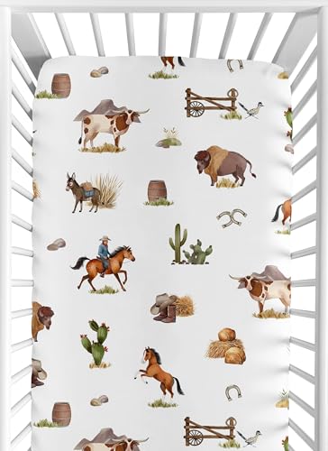 Image of Sweet Jojo Designs Fitted Baby Crib Sheets (Western Cowboy) for Boys, Infant Nursery, Toddler Room - Standard Size (Country, Wild West, Southern Charm, Horse, Steer, Cow, Farm Animal, Desert, Cactus)