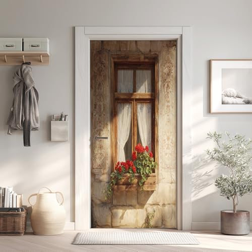 Rustique Stickers pour 3D Imperméable Auto-Adhésif, Mur de Briques PVC Poster de Porte, Bois Stickers de Porte Papier Peint 95x205 cm