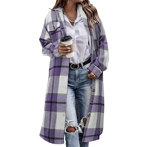 Flannel Shirt Women Long Corduroy Plaid Shacket Jacket Long Sleeve Tartan Shirt Lapel Button Trench Coat with Pocket