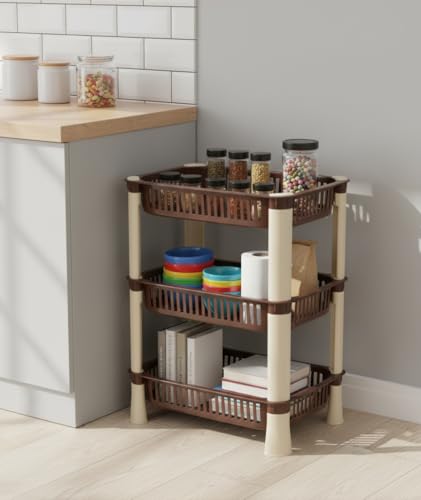 Image of U-Max Multi Tire Kitchen Storage Rack, Plastic Utility Shelf Organiser, Space Saving Storage Solution, Revolving Vegetable Rack (Brown-Regular, 3)