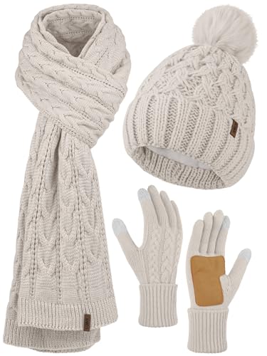 Aneco Women Winter Beanie Hat Scarf Gloves with Pom Pom Fleece Lined Touchscreen Gloves Set Thick Warm Knit Cap 3-in-1 Set Oatmeal