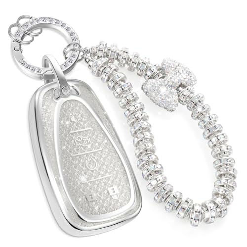 Image of for Chevy Key Fob Cover with Fashionable Zirconia Wristlet KeyChain, Enchanting Diamond Patterns Soft Case for Malibu Equinox Blazer Traverse Volt Bolt Sonic (5 Buttons) Shell (White, B)