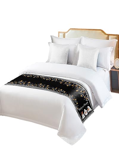 Bed Runner for Twin Size Bed, Halloween Bed Scarf Throws for Foot of Bed, Black White Plaid Boo Ghost Pumpkin Trick or Treat Luxury Bedding Protector Slipcover Bed Runners for Hotel/Home, 71 x 20 Inch