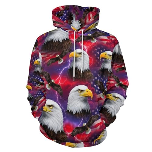 FOSKERV Women's Hoodie Sweatshirt, Comfy Windproof Hoodie with Pocket, Bald Eagle American Flag, Unisex Pullover Hoodies Tops for Formal Casual, (XL)