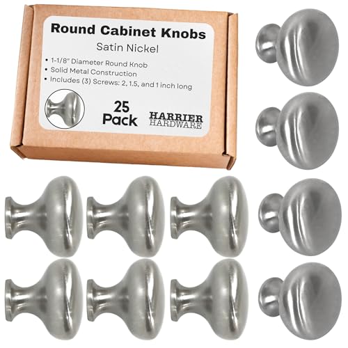 Harrier Hardware 25-Pack 1.1-Inch Round Cabinet Knobs, Brushed Satin Nickel, 3 Screw Sizes