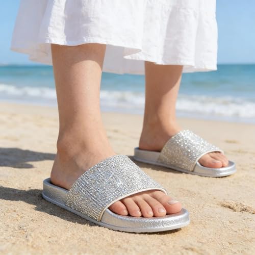 Image of Fur Story Womens Slides House Slippers Rhinestone Glitter Slides Cute bling Flat for Women Platform Sandals Cozy Bedroom Slippers Shower Shoes