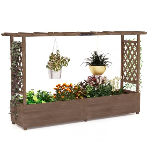 COSTWAY Jardinière avec 2 Treillis Latéraux Toit Suspendu en Bois de Sapin avec Trou de Drainage,...