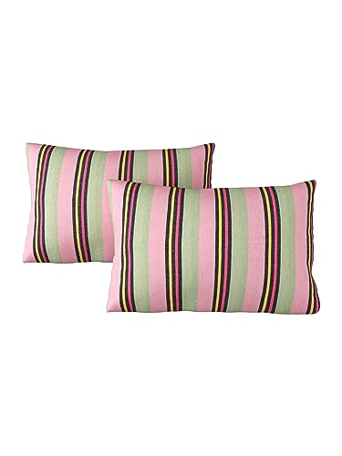 Image of Varde 180 TC Pillow Cover Set of 2 | Pillow Cover Cotton 100% | Pillow Cover Set of 2 King Size | Wrinkle Free & Fade Resistance | Striped Pattern | Standard Size | All Season Use (Pink & Olive)