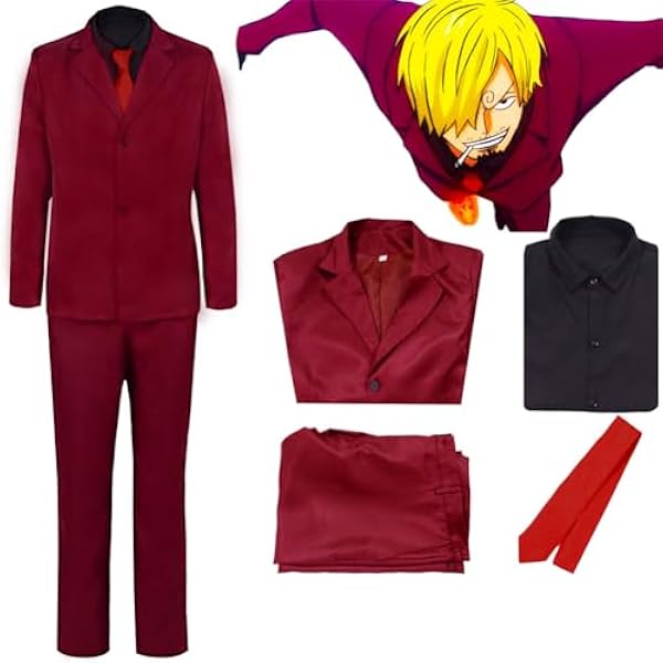 Jiumaocleu Anime Sanji Cosplay kostuum met gele pruik, rode outfit pak uniform top broek complete set Halloween party carnaval verkleedpak voor fans