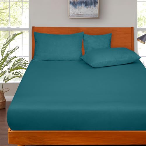 Image of ROYALE LINENS 300 Thread Count 100% Long Staple Combed Cotton Fitted Sheet King - Super Soft Deep Pocket Bottom Sheet - Fitted Sheets Only - Elastic Sheets (King, Teal)