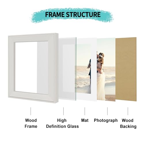 Image of iRahmen 8x8 Vintage Picture Frame with Mat 6x6 - High Definition Real Glass Wooden Photo Frames for Tabletop Display and Wall Mounting (Cream, Set of 4)