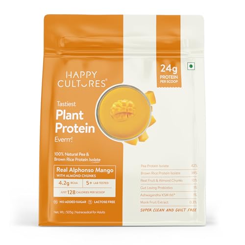 Image of Happy Cultures 24g Tastiest Plant Protein| Real Alphonso Mango, Almond Chunks & Ashwagandha (KSM 66) |Pea & Brown Rice Protein Isolate| No Added Sugar| Vegan| 20 Complete Amino Acids | Monk Fruit Extract| Women & Men| No Bloating, Easy to Digest| Dairy Free with Probiotics - 505g