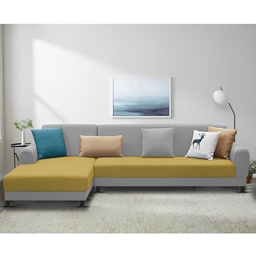 Image of Kraven LHS 6 Seater L Shape Sofa Set for Living Room (Yellow Grey Fabric) Premium Fabric Sofa
