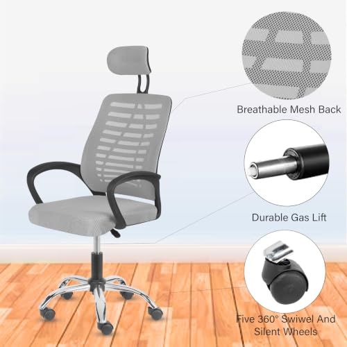 Image of Casa Copenhagen,Mesh Office Desk,Rocking, Ergonomic Computer Chair Adjustable High with Headrest and Comfortable Armrest Swivel Chair - Grey & Black Handle