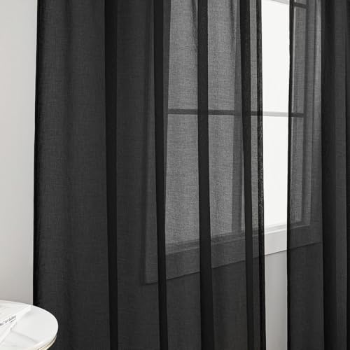 Image of MYSTIC-HOME Extra Wide Sheer Curtains Black 84 Inches Long, Window Treatments Rod Pocket Drapes for Living Room, Bedroom, 108 in Width Semi Sheer Curtains for Yard, Villa, Parlor, 108 inchx 84 inch, 2 Panels