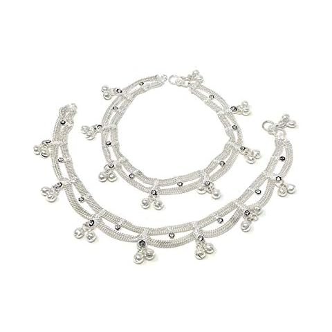 Duel On Jewel Traditional Indian Jhanjar Silver Bells Anklet Payal Set for Women in White Stones - Dancing Bohemian Beach Party Cover