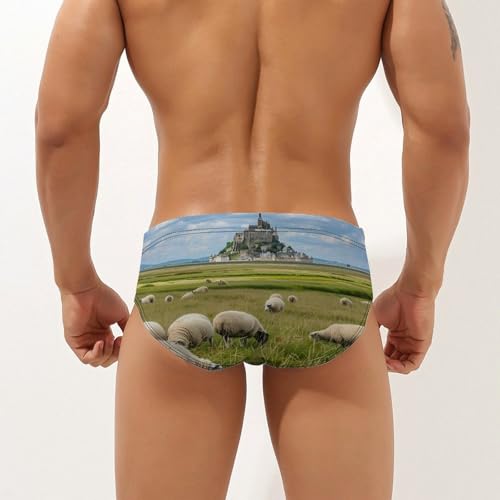 Sheep Eating Grass with Castle Mens Swim Briefs Quick Dry Swimming Trunks Training Swimsuit Low Rise Swimwear2