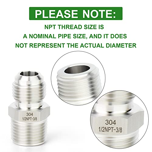 Image of TAISHER 2PCS Forging of 304 Stainless Steel Tube Flare Fittings, 3 /8 inch Male Flare x 1 /2 inch NPT Male, Half Union