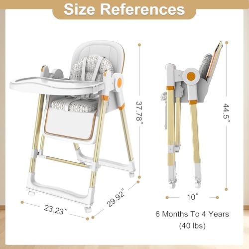 Image of Baby High Chair, Foldable High Chair for Babies and Toddlers with Wheels, Adjustable Highchair with 2 Seat Modes, Removable Dual Tray, PU Cushion, 5-Point Harness, White