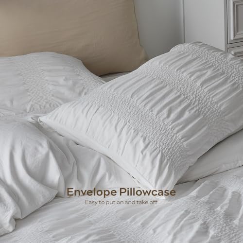 Image of JELLYMONI White Duvet Cover Full Size, 3pcs Washed Microfiber Bedding Set, Soft Breathable Wide Seersucker Duvet Cover Set with Zipper Closure and Corner Ties for All Seasons