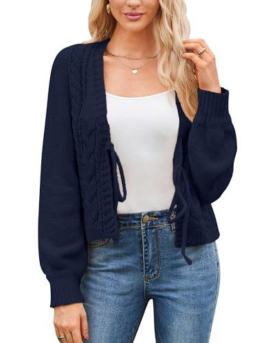 Honwenle Cardigan Sweaters for Women Cropped Tie Front Bow Lightweight Cardigan Long Sleeve Trendy Fall Shrugs