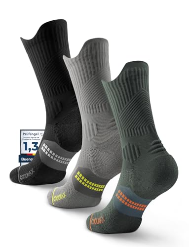 Juclise Calcetines de Compresión Running, Acolchados para Senderismo y Entrenamiento Deportivo (FR/ES, Números, 42, 47, Regular, Regular, Gris Medianoche+Verde Militar+Negro)