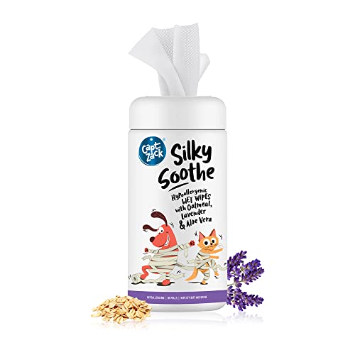 Captain Zack Silky Soothe Pet Wipes for Dogs & Cats | All Breeds | 80 Wipes | Soothing & Hypoallergenic | 100% Biodegradable |Dry Bath, Ear & Paw Daily Cleaning |Contains Aloe Vera, Oatmeal & Lavender