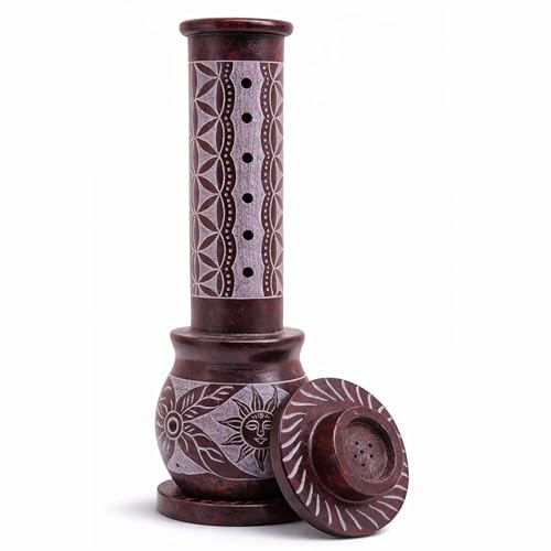 Image of Marble Soapstone Incense Holder, Red, 3x3x10 Inches | Handmade, Sunshine Design, Round Carving, Candle Burner, Tea Light Holder