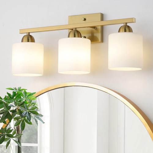 Image of Mecgirn Stainless Steel Milk Glass Vanity Lights for Bathroom, 3 Light Gold Bathroom Light Fixtures Over Mirror, Ceramic E26 Sockets Wall Mounted