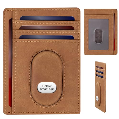 GAOCHALE Carteira fina para Samsung Smarttag2 bolso frontal minimalista carteira de couro compatível com etiqueta Samsung RFID bloqueio de cartão, Marrom