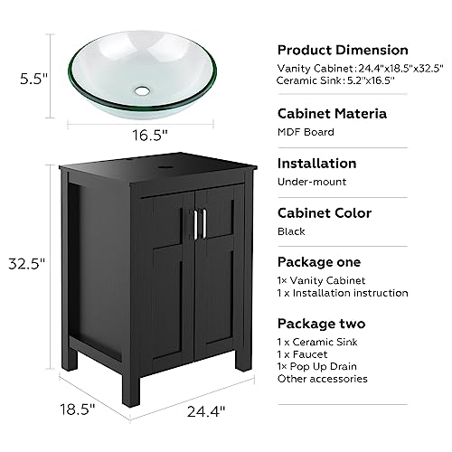 Artethys Bathroom Vanity And Sink Combo - 24 Inch Traditional Vanity Cabinet With Tempered Glass Vessel Counter Top Sink Basin Eco Mdf Board Faucet Pop-Up Drain Set #TOP5