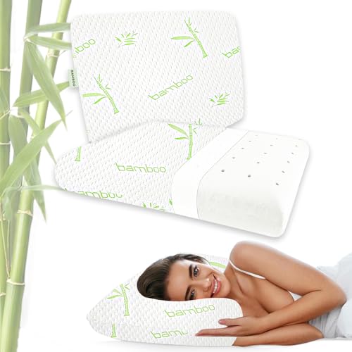 Image of AYKA Bamboo Memory Foam Pillow for Neck & Shoulder Pain | Neck Orthopedic Pillow for Sleeping, Pain Relief & Spinal Alignment | Ergonomic Design | 2 Years Warranty (Set of 2)