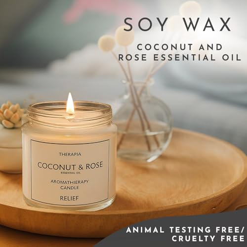 Image of Therapia Stress Relief Coconut & Rose Essential Oil Candle I200gms Handpoured Soy Candles |More Than 12hrs of Burning|Aromatherapy Gifts for Stress Relief, Relaxation and Home Spa