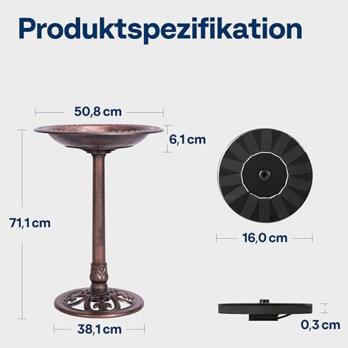 VIVOHOME 71cm Vogeltränke mit Solarbrunnen 2 in 1 Antike Vogelbad für draußen Garten Vogelbecken Futter Schüssel für Wildvögel Wassertränke