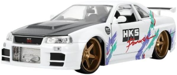 Jada Toys JDM Tuners 1:24 Die-Cast 2002 Nissan Skyline GT-R (R34), Opening Doors, Detailed Interior, Rubber Tires, Collectible for Ages 8+(Glossy White)