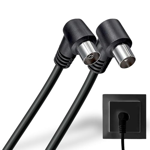 TECHZOCO Cable antena TV macho hembra, cable coaxial antena TV, Cable antena TV 90º acodado, Cable televisión, decodificador, 70dB, HDTV, DVB-T2, DVB-C, DVB-S, TV y Radio, 75 Ohm, Negro, 2.5 metros