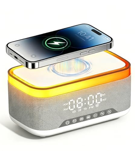 NIIFAWH Bluetooth Speaker with Wireless Charging, Alarm Clock Radio for Bedrooms 6 in 1 Dimmable Digital Clock with FM Radio White Noise Charging Station RGB LED Night Light for Living Room Office
