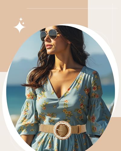 Image of WILLBOND 4 Pcs Women's Elastic Raffia Woven Belt, Boho Rattan Buckle Stretch Straw Wide Waist Belt for Dresses Jeans Pants