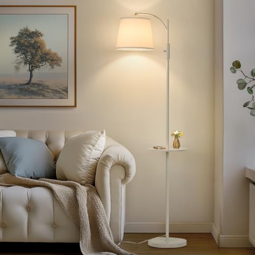 Image of AIDENOEY Fully Dimmable Floor Lamp for Living Room,Standing Lamp Rotary Switch with Table&Linen Beige Shade, White Tall Lamps for Bedroom with Adjust Head,9W LED Bulb Included