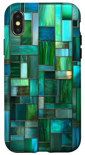 グリーン ガラス モザイク タイル レトロ モザイク おばあちゃん スマホケース iPhone X/XS 用