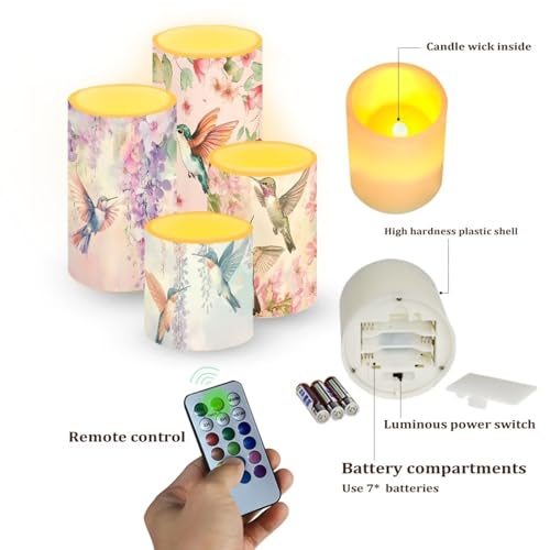 Image of Watercolor Floral Hummingbird Flameless Candles Battery Powered LED Candles with Remote Timer Color Changing Control for Indoor Outdoor Home Decoration Set of 4