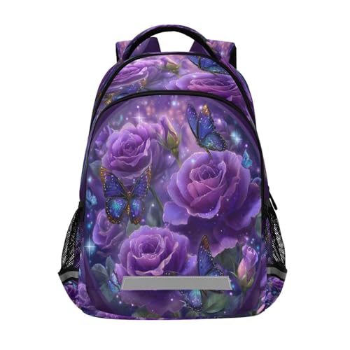 Dussdil Purple Rose Butterfly (2) Kids Backpack School Backpacks for Boys Girls, 16 Inch Casual Book Bag Daypack Back Pack Double Zipper Travel Bags