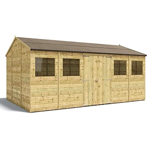 16 x 10 D100 Reverse Apex Wooden Garden Shed Pressure Treated Shiplap Windowed Central Double Doors and T&G Roof and Floor (16 x 10) Cover