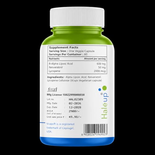 Image of Haleup Alpha Lipoic Acid, 600 mg II Enriched with Lycopene & Resveratrol || Healthy Liver || Heart || Blood Sugar & Potent Antioxidant, (4 Pack X 60s Count)