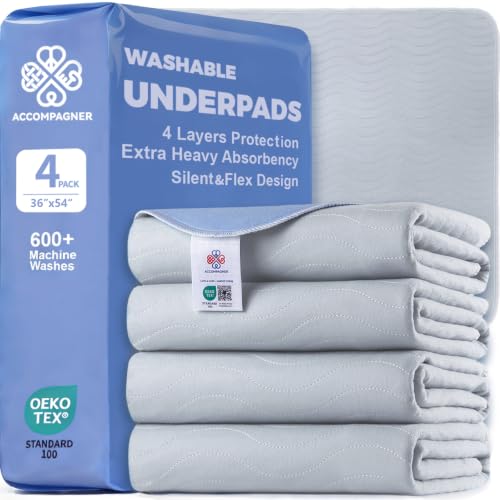 Image of Accompagner Incontinence Bed Pads Washable Waterproof, Ultra-Absorbent Reusable Underpads for Diaper Changing, Nursing, Bedridden, Adults, Seniors, Kids and Dogs (Pearl Gray, 36 inchx54 inch(Pack of 4))