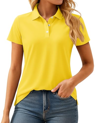 MAGCOMSEN Women's Polo Shirts Short Sleeve Golf Top UPF 50+ Collared Shirt Workout Running Tee Dry Fit Tennis Yellow L